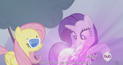 Size: 1152x609 | Tagged: safe, screencap, fluttershy, rarity, g4, it ain't easy being breezies, hub logo, meme, youtube caption