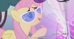 Size: 1152x609 | Tagged: safe, screencap, fluttershy, rarity, g4, it ain't easy being breezies, hub logo, meme, youtube caption