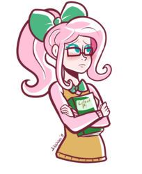 Size: 816x1000 | Tagged: safe, artist:php52, fluttershy, human, g4, book, bow, female, flattershy, glasses, humanized, light skin, ponytail, shy, simple background, solo, transparent, transparent background