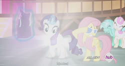 Size: 1152x610 | Tagged: safe, screencap, fluttershy, lyra heartstrings, rarity, twinkleshine, g4, it ain't easy being breezies, my little pony: friendship is magic, hub logo, meme, youtube caption