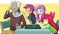 Size: 1192x700 | Tagged: safe, artist:uotapo, apple bloom, discord, scootaloo, sweetie belle, human, equestria girls, g4, abstract background, angry, blushing, board game, cutie mark crusaders, equestria girls-ified, female, nervous, othello, reversi, sweat, thinking