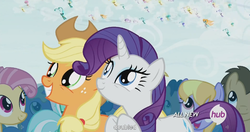 Size: 1152x609 | Tagged: safe, screencap, applejack, candy mane, citrus park, cotton (g4), doctor whooves, ghostberry, lyra heartstrings, ponet, rarity, time turner, twinkle (g4), twirly, breezie, g4, it ain't easy being breezies, hub logo, meme, the fun has been doubled, unnamed breezie, unnamed character, youtube caption