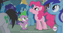 Size: 1151x610 | Tagged: safe, screencap, minuette, pinkie pie, spike, dragon, earth pony, pegasus, pony, unicorn, g4, it ain't easy being breezies, all new, aweeg*, cute, hub logo, looking up, meme, nose wrinkle, open mouth, police, puffy cheeks, smiling, text, youtube caption