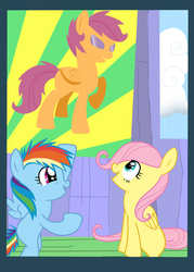 Size: 2372x3317 | Tagged: safe, artist:spacerainbow, fluttershy, rainbow dash, scootaloo, pegasus, pony, g4, age swap, female, filly, filly fluttershy, filly rainbow dash, older, poster, role reversal, younger