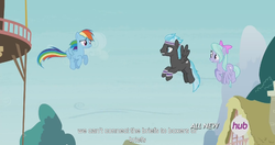 Size: 1152x609 | Tagged: safe, screencap, flitter, rainbow dash, thunderclap, pegasus, pony, g4, it ain't easy being breezies, female, flying, hub logo, male, mare, meme, stallion, trio, wrong cutie mark, youtube caption