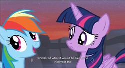 Size: 855x465 | Tagged: safe, screencap, rainbow dash, twilight sparkle, alicorn, pony, g4, it ain't easy being breezies, female, mare, meme, twilight sparkle (alicorn), youtube caption