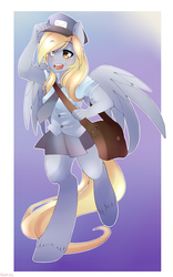 Size: 2124x3405 | Tagged: safe, artist:derpiies, derpy hooves, pegasus, anthro, unguligrade anthro, g4, ambiguous facial structure, female, mailbag, mailpony, solo, unshorn fetlocks