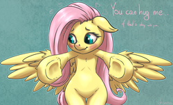 Size: 1793x1080 | Tagged: safe, artist:draneas, fluttershy, pony, semi-anthro, g4, bipedal, blushing, cute, dialogue, featureless crotch, female, heart, hind legs, hug, hug request, if that's okay with you, legs together, looking away, presenting, shy, solo, spread wings, underhoof, weapons-grade cute, wide hips