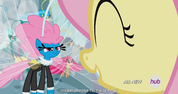 Size: 1152x609 | Tagged: safe, screencap, fluttershy, seabreeze, star breeze, twirly, breezie, g4, it ain't easy being breezies, female, hub logo, male, meme, unnamed breezie, unnamed character, youtube caption