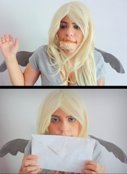Size: 698x961 | Tagged: safe, artist:robinyume, derpy hooves, human, g4, cleavage, cosplay, female, irl, irl human, letter, mail, muffin, photo, solo