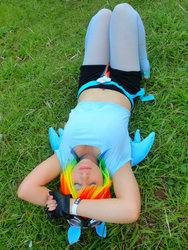 Size: 774x1032 | Tagged: safe, artist:robinyume, rainbow dash, human, g4, belly button, clothes, cosplay, eyes closed, gloves, irl, irl human, midriff, photo, solo