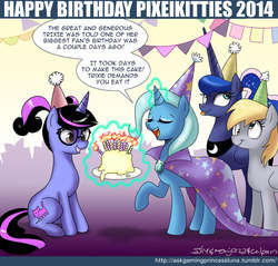 Size: 900x859 | Tagged: safe, artist:johnjoseco, derpy hooves, princess luna, trixie, oc, oc:pixelkitties, alicorn, pegasus, pony, ask gaming princess luna, g4, birthday, birthday cake, cake, candle, eyeroll, female, glasses, mare, party, pixelkitties, tongue out