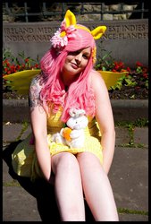 Size: 735x1086 | Tagged: safe, artist:sasashie, angel bunny, fluttershy, human, g4, clothes, cosplay, dress, irl, irl human, photo, solo, tattoo