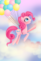 Size: 1391x2088 | Tagged: safe, artist:katyand, artist:sewingintherain, pinkie pie, earth pony, pony, g4, balloon, female, flying, solo, then watch her balloons lift her up to the sky