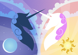 Size: 4092x2893 | Tagged: safe, artist:kapteeni-teepannu, artist:sewingintherain, princess celestia, princess luna, alicorn, pony, g4, bust, female, mare, minimalist, modern art, portrait