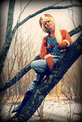 Size: 3265x4898 | Tagged: safe, artist:sewingintherain, applejack, human, g4, cosplay, irl, irl human, mittens, overalls, photo, solo, tree