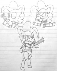 Size: 2577x3199 | Tagged: safe, artist:cross, pinkie pie, pony, g4, too many pinkie pies, armor, bipedal, clone, clone trooper, clone wars, clothes, costume, crossover, gun, helmet, high res, military, monochrome, pencil drawing, pinkie clone, science fiction, sketch, smiling, standing, star wars, traditional art