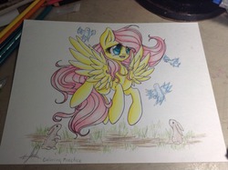 Size: 640x478 | Tagged: artist needed, safe, fluttershy, bird, rabbit, g4, female, solo, traditional art