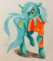 Size: 831x962 | Tagged: safe, artist:crazyaniknowit, lyra heartstrings, g4, bedroom eyes, clothes, female, floppy ears, horn, horn ring, looking at you, magic suppression, prison outfit, prisoner, raised hoof, raised leg, smiling, solo, traditional art