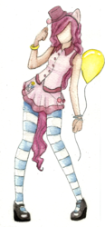 Size: 594x1284 | Tagged: safe, artist:kapteeni-teepannu, artist:sewingintherain, pinkie pie, human, g4, clothes, cosplay, design, eared humanization, female, hat, humanized, skirt, socks, solo, striped socks, tailed humanization, top hat