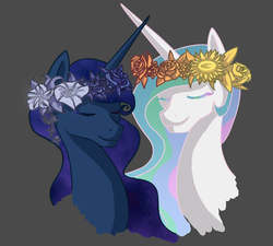 Size: 1000x900 | Tagged: safe, artist:kapteeni-teepannu, artist:sewingintherain, princess celestia, princess luna, g4, bust, eyes closed, floral head wreath, simple background, wreath