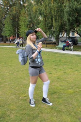 Size: 1066x1600 | Tagged: safe, derpy hooves, human, g4, clothes, converse, cosplay, hat, irl, irl human, muffin, photo, shorts, sneakers, socks