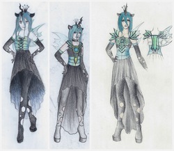 Size: 1600x1389 | Tagged: dead source, safe, artist:katyand, artist:sewingintherain, queen chrysalis, human, g4, design, female, humanized, solo, traditional art