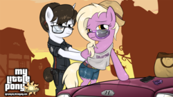Size: 2000x1125 | Tagged: safe, artist:roflpanzer, grace manewitz, raven, earth pony, pony, unicorn, semi-anthro, g4, arrested, belt, bipedal, car, cellphone, clothes, crossover, denim, denim shorts, female, glasses, grand theft auto, gta v, hat, horseshoes, looking at you, phone, police officer, ponyville, raven is not amused, secretary, shirt, shorts, smiling, there can be only one, tomboy, unamused, uniform, wallpaper, wholesome