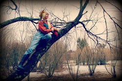 Size: 1600x1067 | Tagged: safe, artist:sewingintherain, applejack, human, g4, boots, cosplay, irl, irl human, overalls, photo, solo, tree