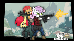 Size: 2000x1125 | Tagged: safe, artist:roflpanzer, apple bloom, babs seed, sweetie belle, earth pony, pony, g4, action pose, assault rifle, bipedal, brad snider, clothes, crossover, cutie mark crusaders, grand theft auto, gta v, gun, machine gun, michael de santa, michael townley, rifle, shooting, snow, trevor philips, weapon