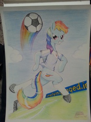 Size: 1024x1365 | Tagged: safe, artist:aerialift, rainbow dash, pegasus, pony, semi-anthro, g4, ball, clothes, female, football, football field, grass, grass field, mare, running, shoes, signature, sneakers, socks, solo, sports, traditional art