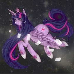 Size: 1000x1000 | Tagged: safe, artist:cherry-parfait, twilight sparkle, alicorn, pony, g4, crying, feather, female, flying, immortality blues, jewelry, long mane, mare, smiling, solo, spread wings, twilight sparkle (alicorn), twilight will outlive her friends