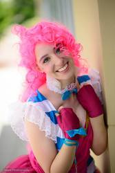 Size: 640x960 | Tagged: safe, artist:tweetnbirdy, pinkie pie, human, g4, clothes, cosplay, dress, fingerless gloves, gala dress, gloves, irl, irl human, otakon, photo, solo