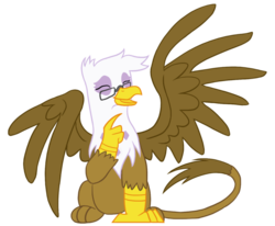 Size: 984x812 | Tagged: safe, artist:themim, oc, oc only, oc:griffith, griffon, cute, eyes closed, glasses, open mouth, simple background, sitting, smiling, solo, spread wings, transparent background, vector