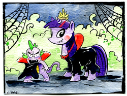Size: 455x344 | Tagged: safe, artist:c.tupa, artist:tupa, spike, twilight sparkle, vampire, g4, big crown thingy, cape, clothes, fangs, halloween, nightmare's night
