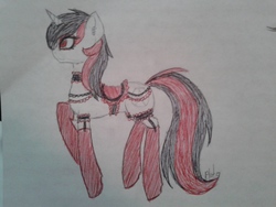 Size: 2560x1920 | Tagged: safe, artist:pluto manson, oc, oc only, pony, blurry, choker, clothes, eyeliner, eyeshadow, frilly, garter belt, garters, raised hoof, saddle, smiling, socks, solo, stockings, thigh highs, traditional art