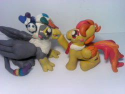 Size: 2048x1536 | Tagged: safe, artist:plosu soar, oc, oc only, oc:skoop, griffon, pegasus, pony, figurine, plasticine, plosu, plosu soar, present, rainbow