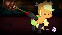 Size: 1280x720 | Tagged: safe, edit, edited screencap, screencap, applejack, twilight sparkle, venomoth, g4, somepony to watch over me, female, fireproof boots, shaquille o'neal, solo, twilight scepter