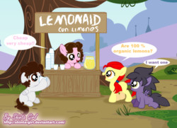 Size: 1236x894 | Tagged: safe, artist:shinta-girl, oc, oc only, oc:shinta pony, comet, lemonade stand, park, spanish, winged shine