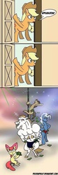 Size: 320x960 | Tagged: safe, artist:peichenphilip, apple bloom, applejack, bulk biceps, doctor whooves, pokey pierce, time turner, earth pony, pony, unicorn, g4, my little pony: friendship is magic, somepony to watch over me, caught, clothes, comic, female, filly, foal, horn, male, mare, money, plot twist, pole dancing, scene parody, sitting, stallion, stool, stripper, stripper pole, underwear