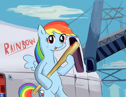 Size: 1472x1136 | Tagged: safe, artist:timorikawa, rainbow dash, g4, baseball bat, blood, female, grand theft auto, gta v, pixiv, solo, tongue out, trevor philips, van