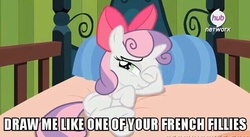 Size: 636x348 | Tagged: safe, edit, edited screencap, screencap, sweetie belle, pony, unicorn, g4, somepony to watch over me, apple bloom's bow, bed, bow, butt, caption, draw me like one of your french girls, female, filly, image macro, meme, plot, scrunchy face, solo