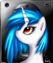 Size: 2700x3200 | Tagged: safe, artist:puggie, dj pon-3, vinyl scratch, g4, drop the bass, female, high res, red eyes, solo