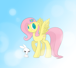 Size: 1779x1598 | Tagged: safe, artist:repoisn, angel bunny, fluttershy, pegasus, pony, g4, duo, flower, flower in hair, looking at you, looking sideways, no pupils, raised hoof, smiling, spread wings, standing, wings