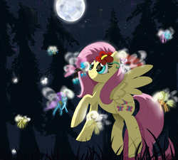 Size: 4000x3600 | Tagged: dead source, safe, artist:misspolycysticovary, fluttershy, seabreeze, breezie, pegasus, pony, g4, cute, female, flower, flower in hair, flying, forest, full moon, glowing, male, moon, night, shyabetes, smiling, spread wings