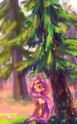 Size: 404x649 | Tagged: safe, artist:aokusa kusa, fluttershy, g4, female, looking at you, pine tree, pixiv, solo, tree