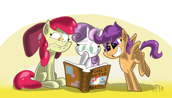 Size: 1033x587 | Tagged: safe, artist:trace-101, apple bloom, scootaloo, sweetie belle, chicken, earth pony, pegasus, pony, unicorn, g4, book, cutie mark crusaders, female, filly, meme, reading, scootachicken