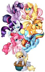 Size: 2596x4147 | Tagged: safe, artist:mixipony, applejack, derpy hooves, fluttershy, pinkie pie, rainbow dash, rarity, twilight sparkle, alicorn, pony, g4, balloon, female, fire ruby, lasso, mane six, mare, muffin, twilight sparkle (alicorn)