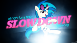 Size: 1920x1080 | Tagged: safe, artist:adrianimpalamata, artist:kaz92, artist:scourge707, dj pon-3, vinyl scratch, pony, unicorn, g4, cutie mark, female, glowing, hooves, horn, lens flare, lyrics, mare, open mouth, selena gomez, slow down, solo, song reference, sunglasses, text, vector, wallpaper