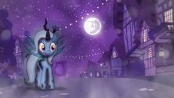 Size: 1920x1080 | Tagged: safe, artist:aelioszero, artist:evil-dec0y, artist:spiritofthwwolf, edit, trixie, changeling, pony, unicorn, g4, clothes, costume, cutie mark, female, mare, mare in the moon, moon, night, nightmare night, ponyville, solo, vector, wallpaper